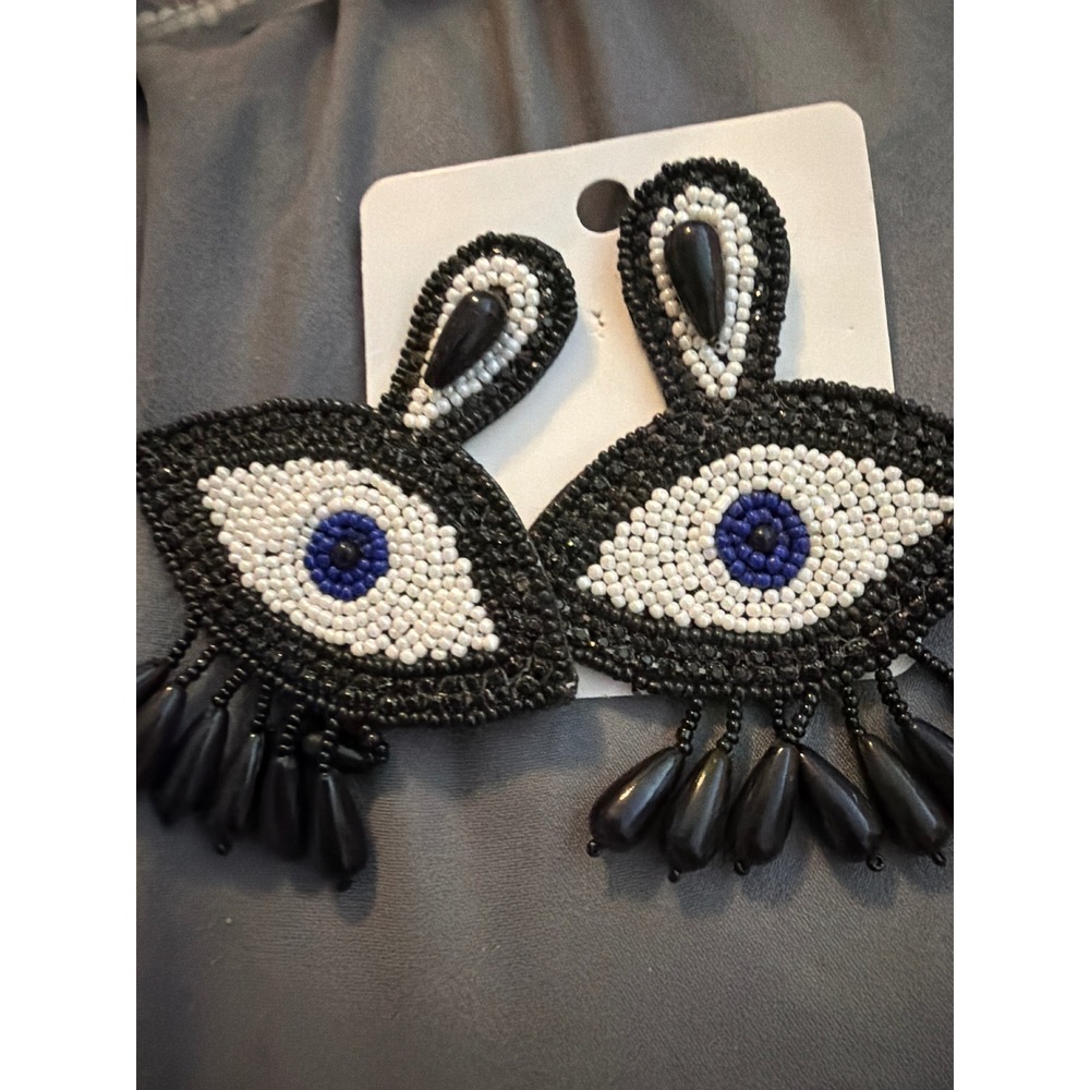 Beaded Evil Eye Statement Earrings Black White Blue‎ Seed Bead Dangle Drop Large